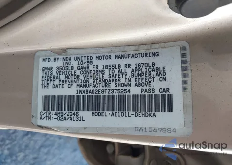 1996 Toyota Corolla from USA, damaged, VIN 1NXBA02E8TZ375254